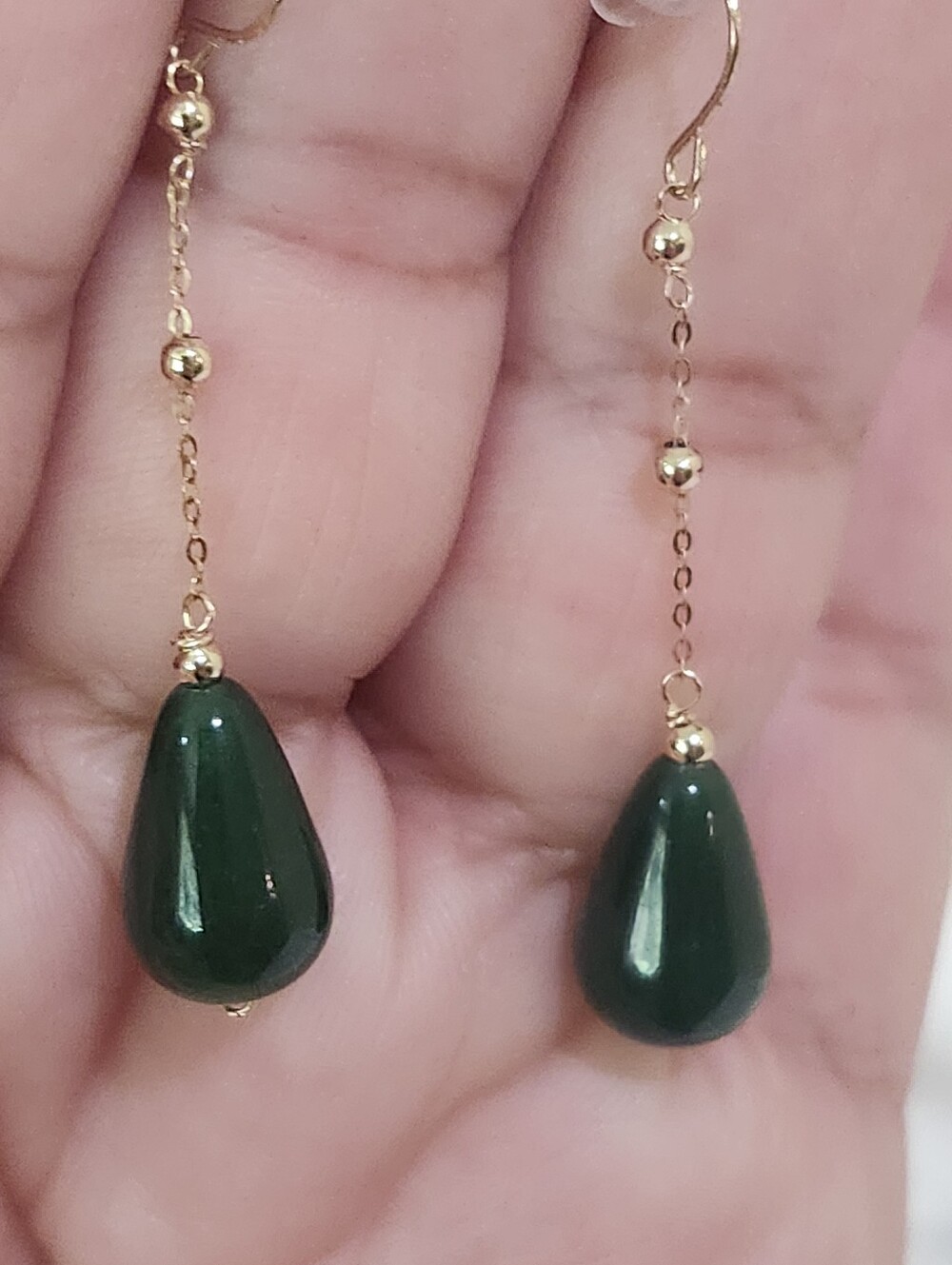 14K Yellow Gold Jade Drop Stud Earrings with Gold Ball